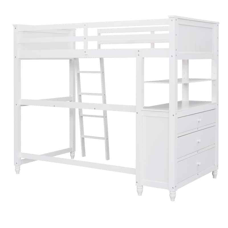 Twin Size Loft Bed Kids Bed Frame Wooden Storage Bed with Desk, Shelves, Pull-out Drawers, Ladder and Guardrail