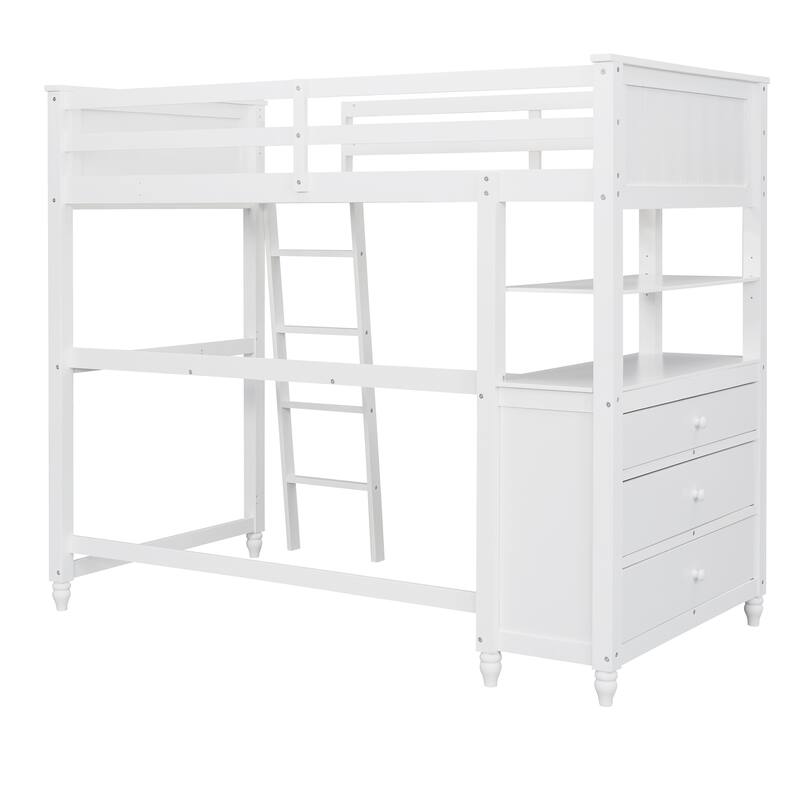 Twin size Loft Bed with Drawers and Desk, Wooden Loft Bed with Shelves