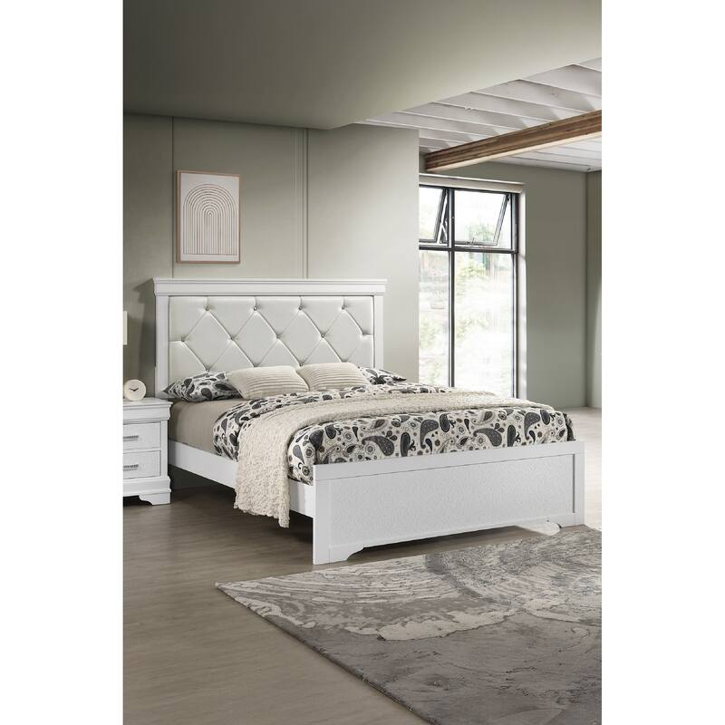 Queen Size White Upholstered Panel Bed with Tufted Headboard - Modern Bedroom Furniture