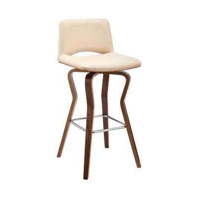Swivel Barstool with Faux Leather and Wooden Support, Brown and Cream