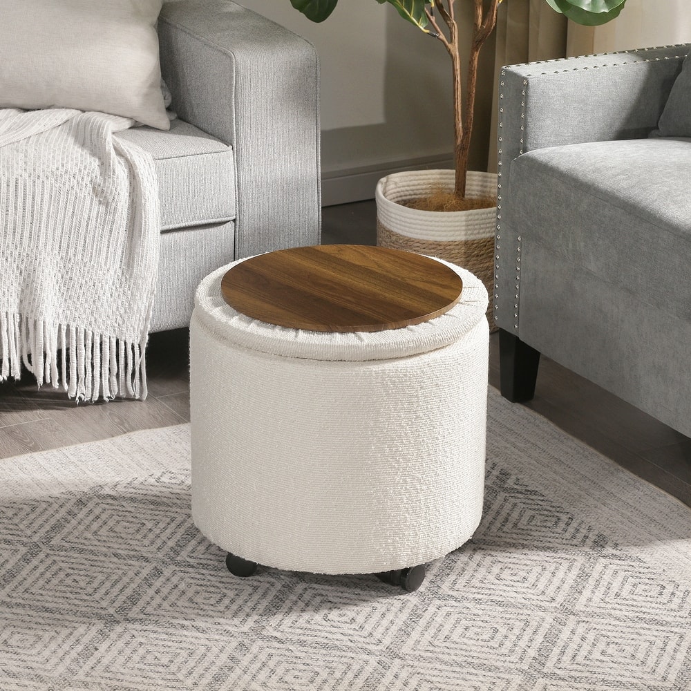 Adeco Faux Leather Round Storage Ottoman with Tufted