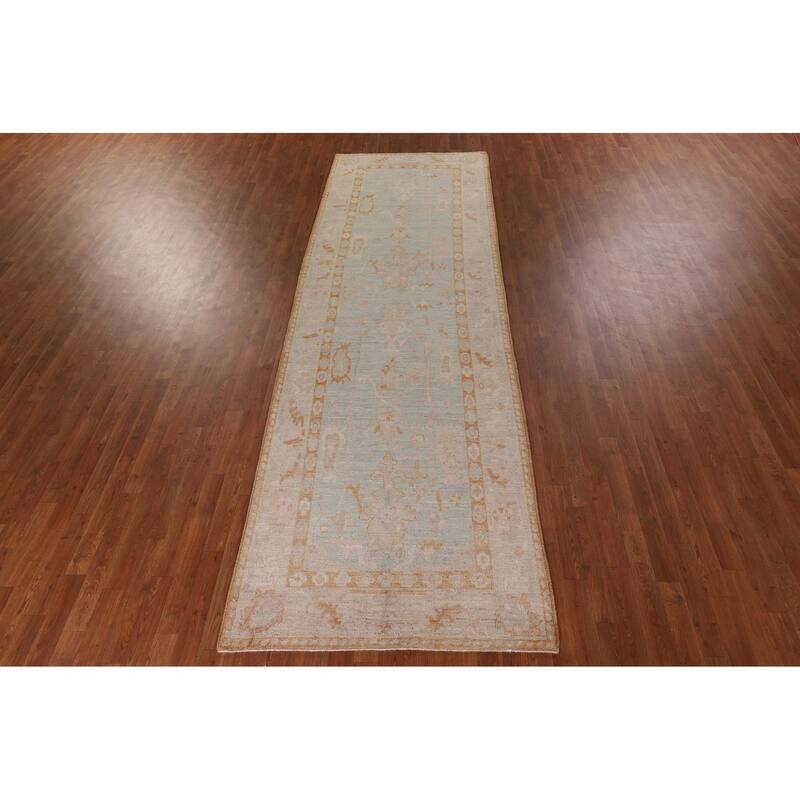 Vegetable Dye Oushak Turkish Runner Rug Handmade Wool Carpet - 4'0" x 12'2"
