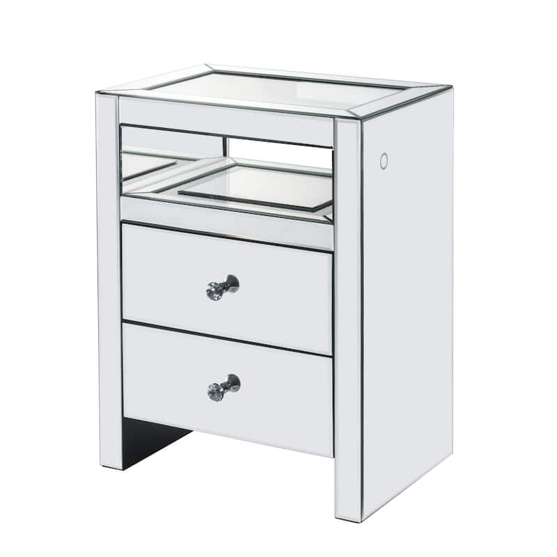 2 Drawer Beveled Mirrored Accent Table with Glass Top and LED, Silver