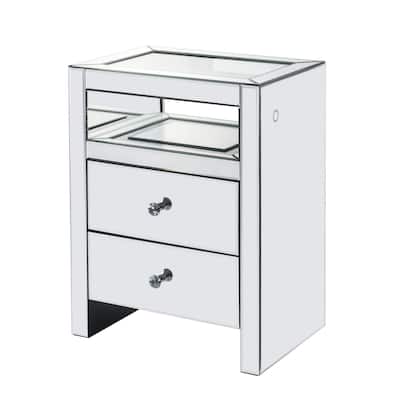 2 Drawer Beveled Mirrored Accent Table with Glass Top and LED, Silver