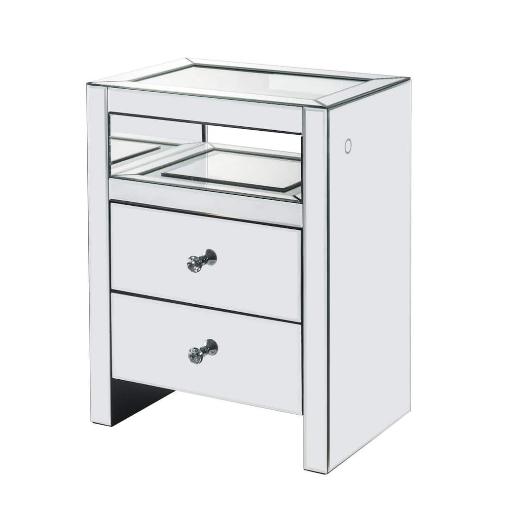 2 Drawer Beveled Mirrored Accent Table with Glass Top and LED, Silver