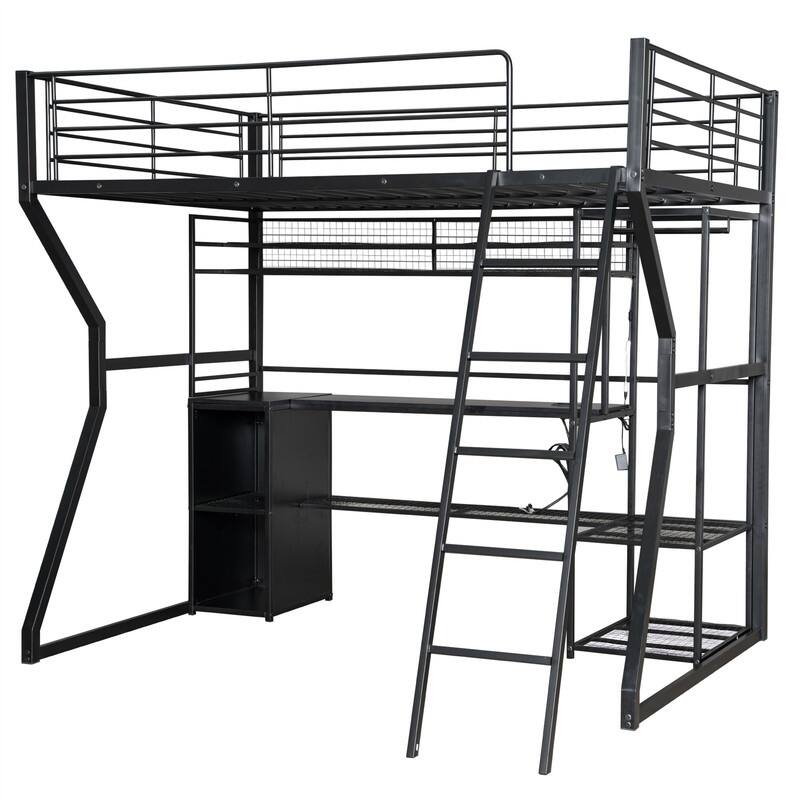 Full Size Gaming Loft Bed with Built-in Work Station, Open Wardrobe and LED Light, Metal Loft Bedframe with Storage Shelves