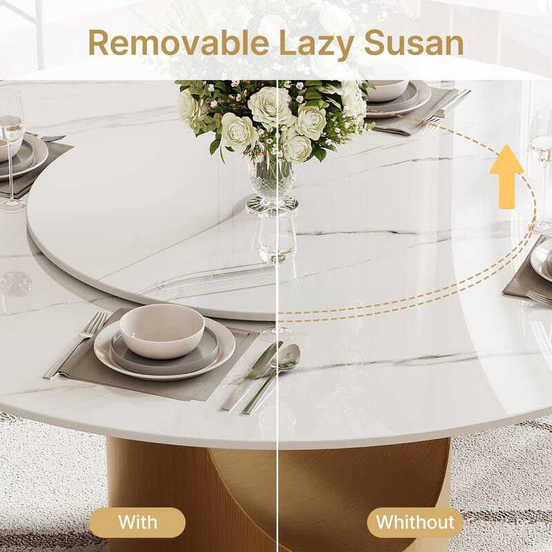 51 &59" Modern Round Dining Table for Diningroom，White Glossy Stone Tabletop,Bronze Carbon Pedestal