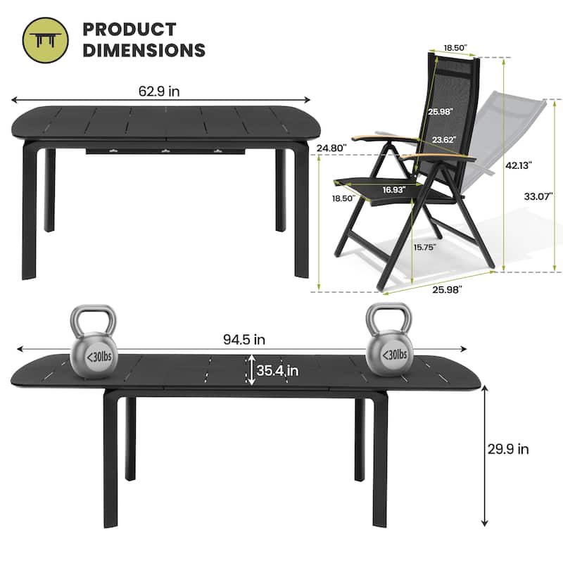 9-Piece Outdoor Patio Dining Set Expandable Aluminum Dining Table with Folding Chairs with Adjustable Back