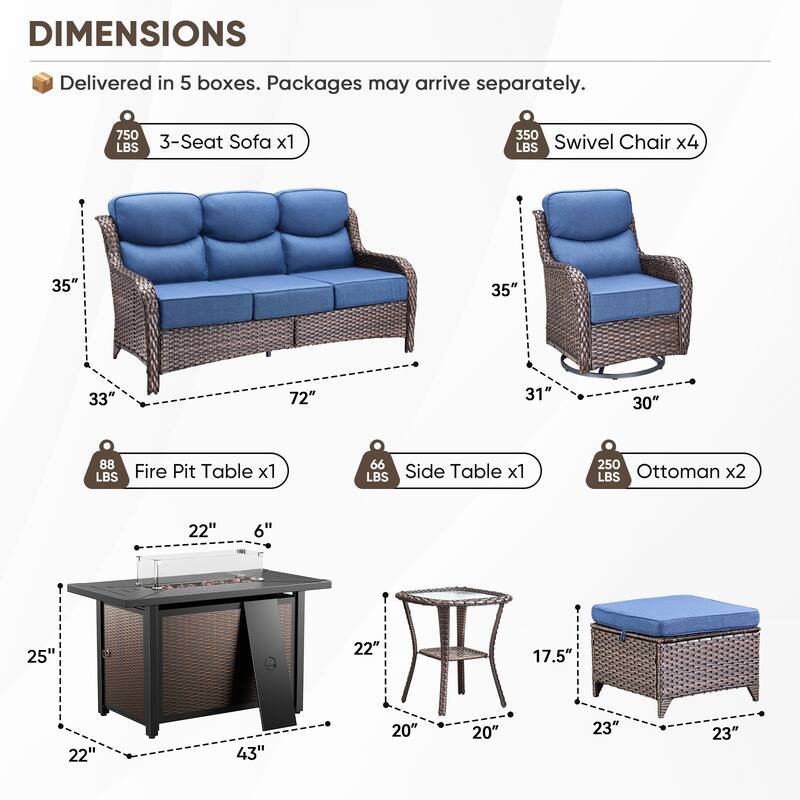 Pocassy Patio Sofa Swivel Chairs Ottoman w/ 43in Fire Table Set