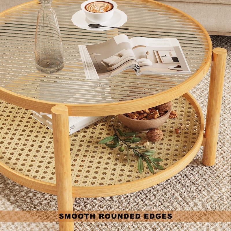 Rattan Coffee Table, 2-Tier Bamboo Coffee Table with Glass Top,Modern Round Coffee Table