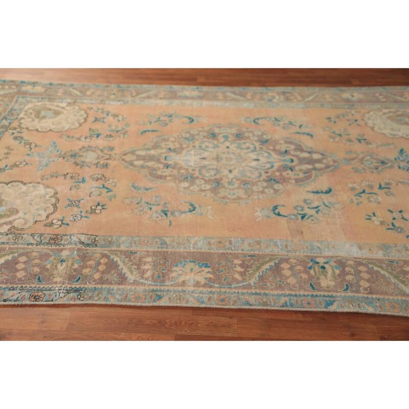 Handmade Orange Tabriz Persian Vintage Wool Carpet - 6'4" x 9'9"