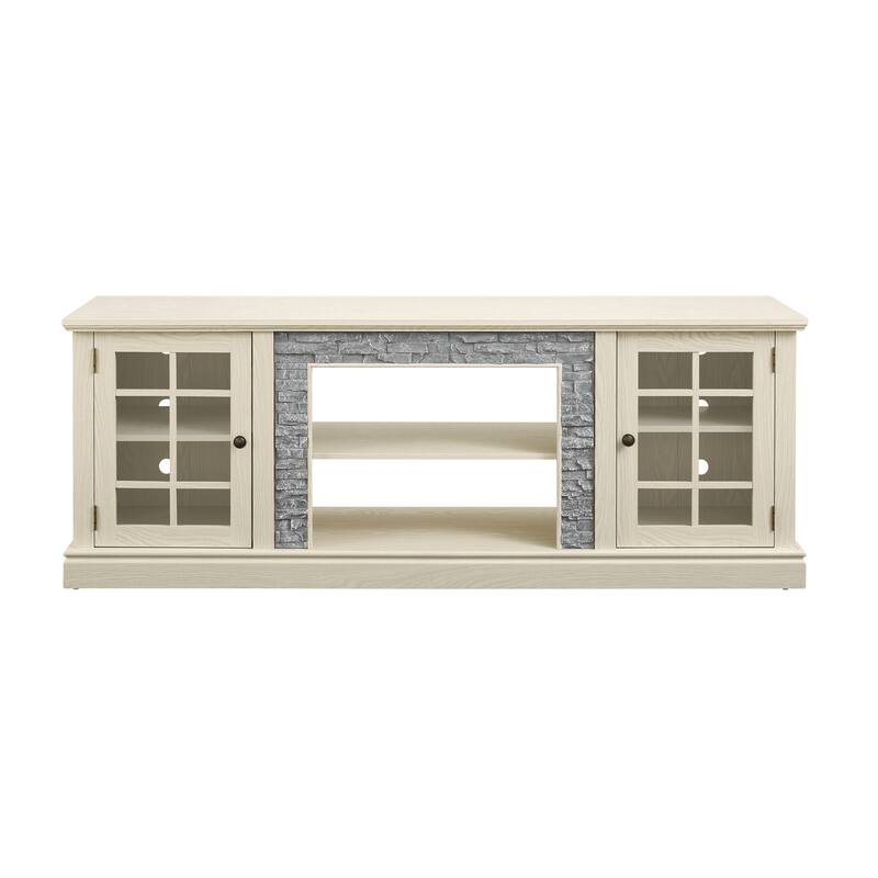 GDFStudio Alice Wood 70" TV Stand with Faux Stone Surround and 2 Door Storage
