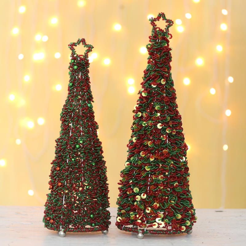 Novica Handmade Sparkling Christmas Glass Beaded Holiday Decor (Pair)