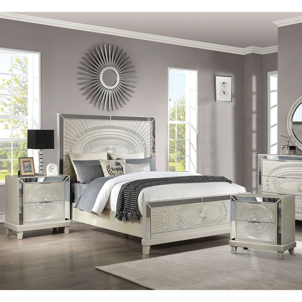 Luela Glam Champagne Wood 3 piece Panel Bed and Nightstands Set