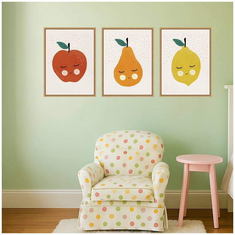 Kate and Laurel Cute Apple Lemon Pear 3 Piece Framed Canvas Wall Art Set by July Art Prints