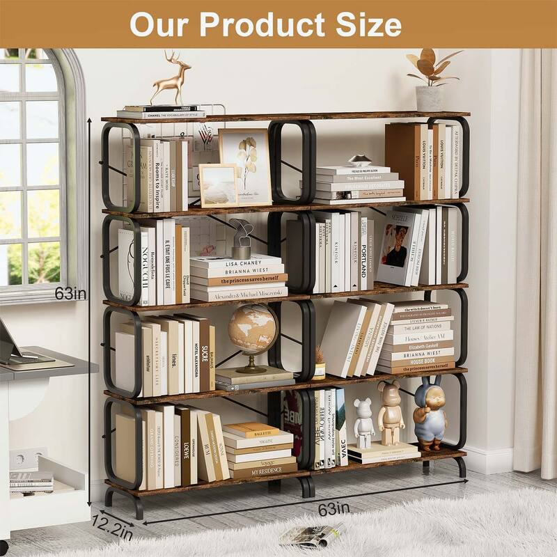 Rustic Tall Bookcase with Open Wood & Metal Design