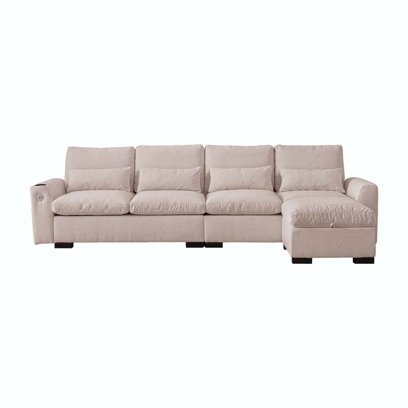 114.5"Modern L Shaped Chenille Sofa with Ottoman and USB Ports