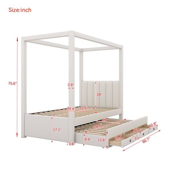 dimension image slide 1 of 3, Upholstery Canopy Platform Bed with Trundle and Three Storage Drawers