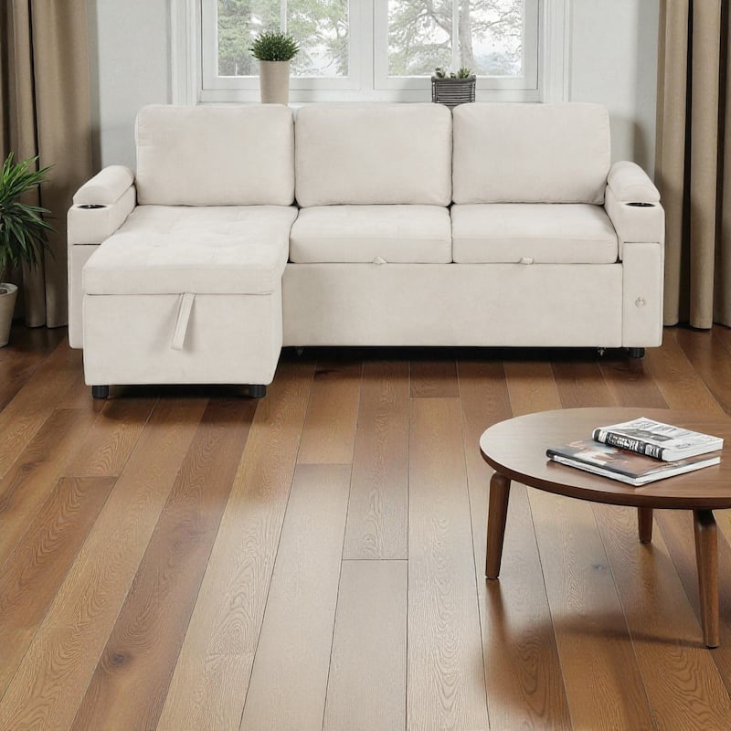 83.5" L-Shaped Convertible Sectional Sofa Bed with Storage Chaise Cup Holders USB Ports Chenille Couch for Living Room