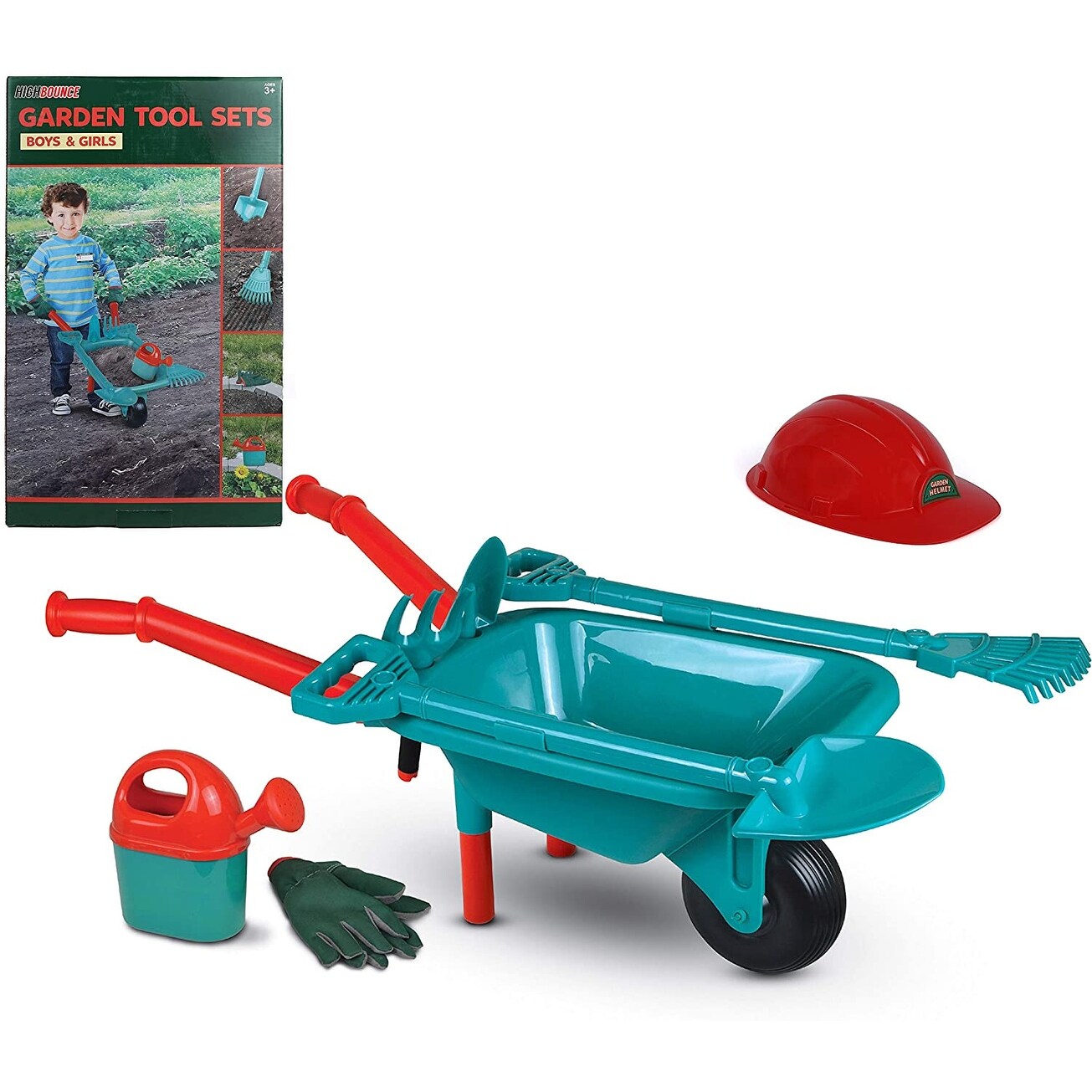 Shop High Bounce Kids Plastic Wheelbarrow With Garden Accessories Gardening Gloves Watering Can Shovel Hoe Rake Fork And Hat Overstock 31609098