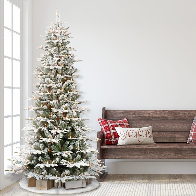 Puleo International 7.5' Pre-Lit Slim Flocked Aspen Fir Artificial Christmas Tree