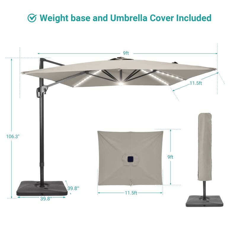 BONOSUKI 11.5x9FT LED Cantilever Patio Umbrella 360 Rotation w/Base