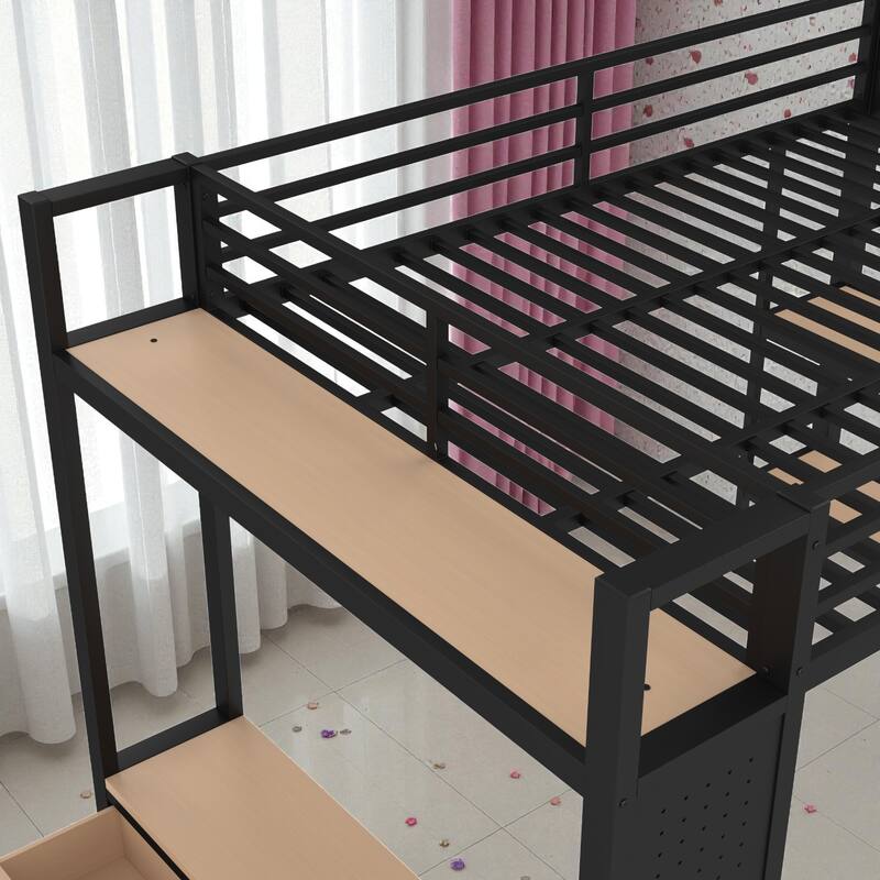 Full/Queen Size Metal Loft Bed with Wardrobe, Shelves & Pegboard, Space-Saving Bed Frame with Storage & Guardrails