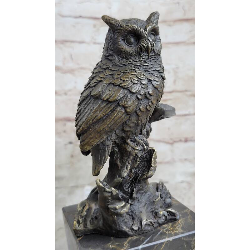 Hot Cast Bronze Metal Owl Bird On Perch Sculpture Statue Figure Marble Base Original