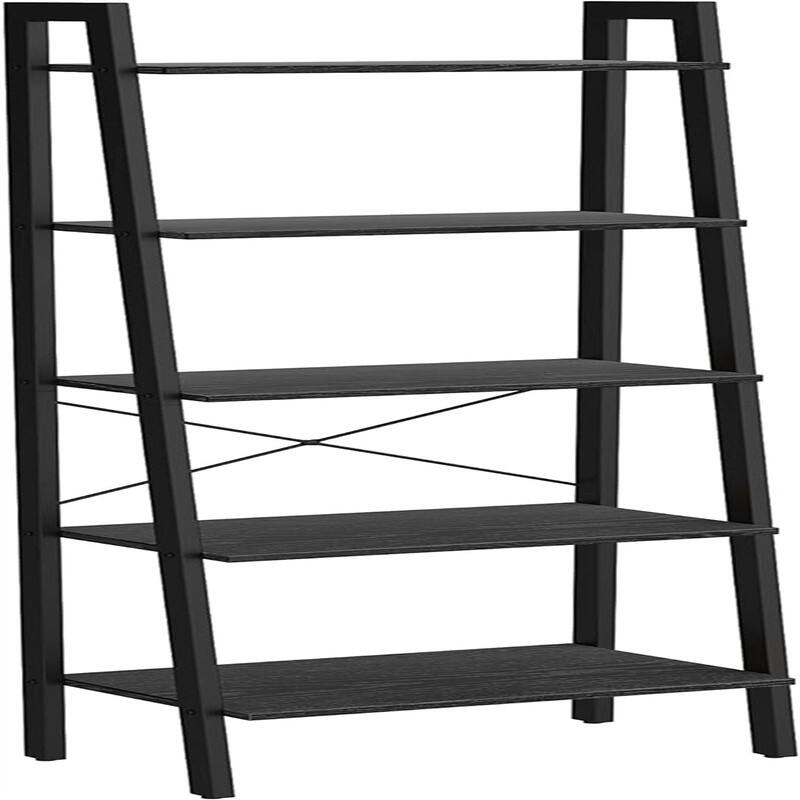 Ladder Shelf 5 Tier Bookshelf Storage Rack Bookcase with Steel Frame - 13.6"D x 22"W x 67.5"H - Ebony Black + Black