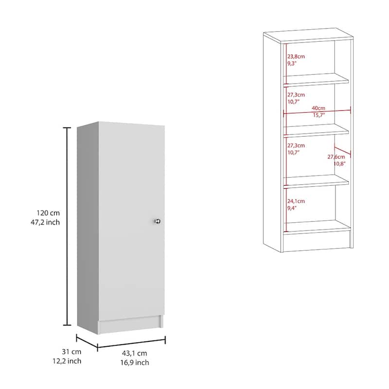 Kitchen Pantry 47" H, One Door Cabinet, Four Interior Shelves, Black