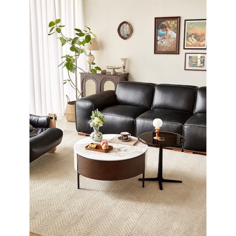 Round & reall Coffee Table with Drawers and metal legs,Table with Golden Legs Circular Center Table with ceramic Pattern Top