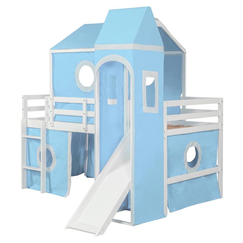 Loft Bed Castle-Shaped Kids Bed with Slide and Window, Tent and Tower, Lovely Kids Bed Playhouse Design for Your Children