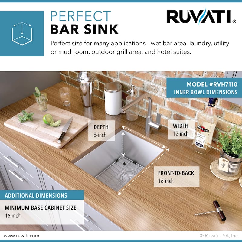 Ruvati 14-inch Undermount 16 Gauge Zero Raduis Bar Prep Kitchen Sink Stainless Steel Single Bowl - RVH7110