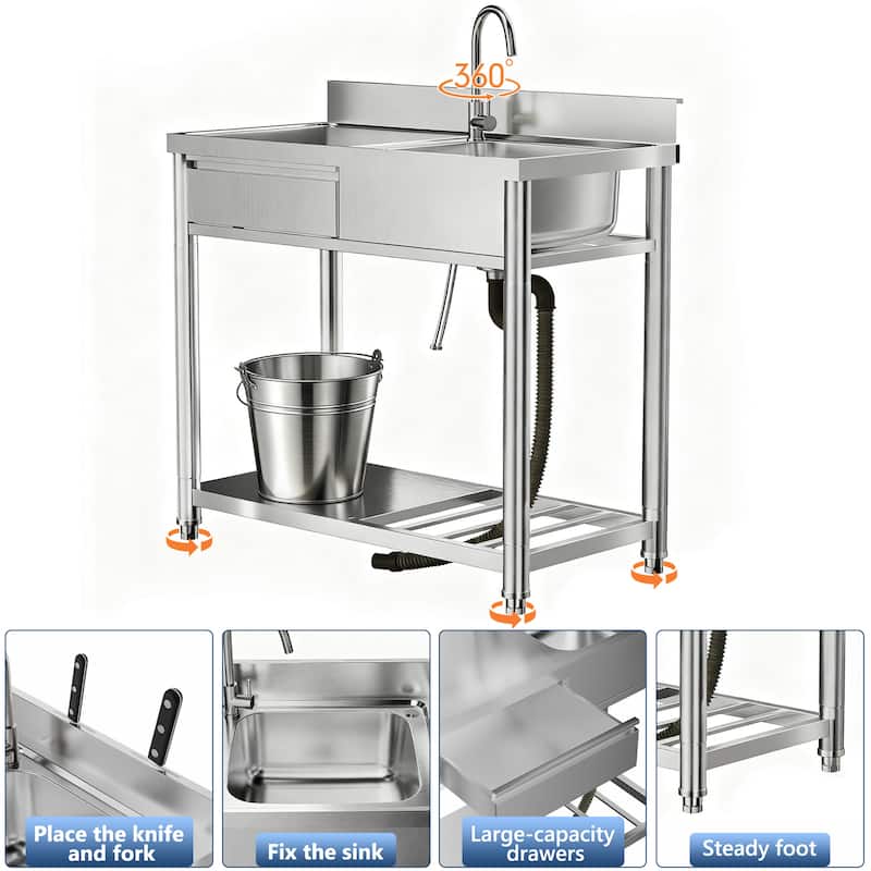 304 Stainless Steel Outdoor Utility Sink Station with Workbench & Storage