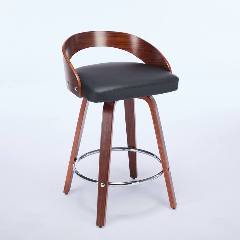 Low Back Swivel Barstools Set of 2, 25" Seat Height Upholstered Bar Chairs with Footrest, Walnut Wood Frame Bar Stools, Black PU