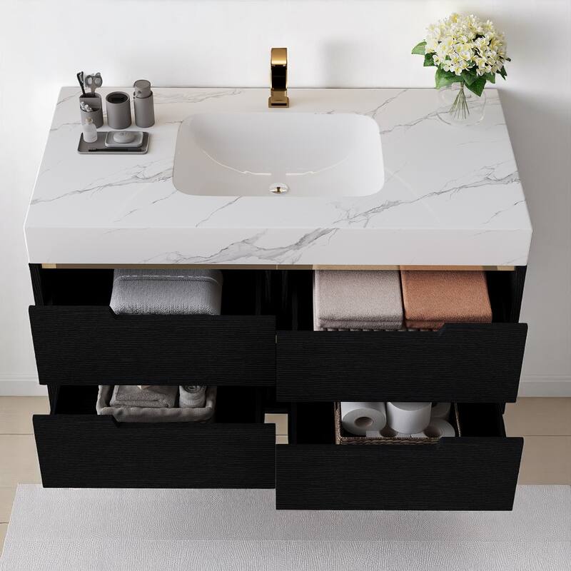 40" Wall-Mounted Bathroom Vanity with Oval Ceramic Sink, Floating Cabinet with Moisture-Resistant Countertop, Soft-Close Storage