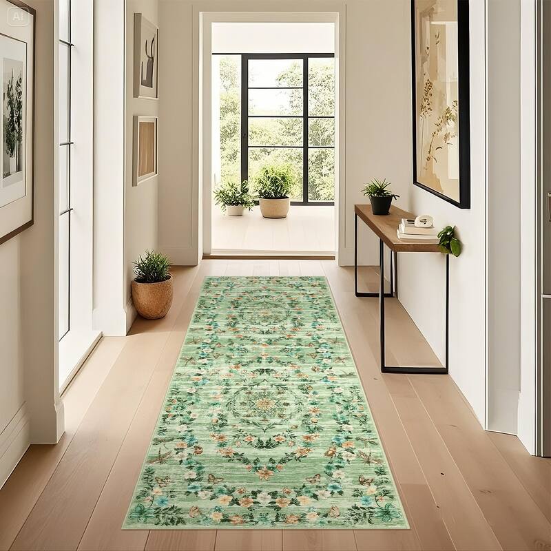 Modern Insect Botanical Pattern Area Rug Floral Print Rug Non-Slip Low Pile Soft Accent Carpet for Living Room Bedroom - 2'x6' - Green