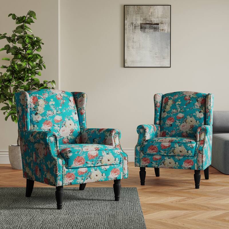 Set of 2 Patterned Upholstered Accent Chair for Living Room - Peacock Blue