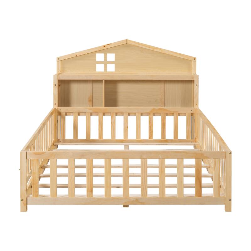 Full-Size Montessori Floor Bed with Bookcases, Blackboards, and Storage Headboards for Kids and Teens