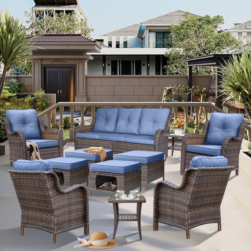 Wicker Outdoor Patio Conversation Deep Seating Sofa Sets with Cushions - 11 Piece - Denim Blue