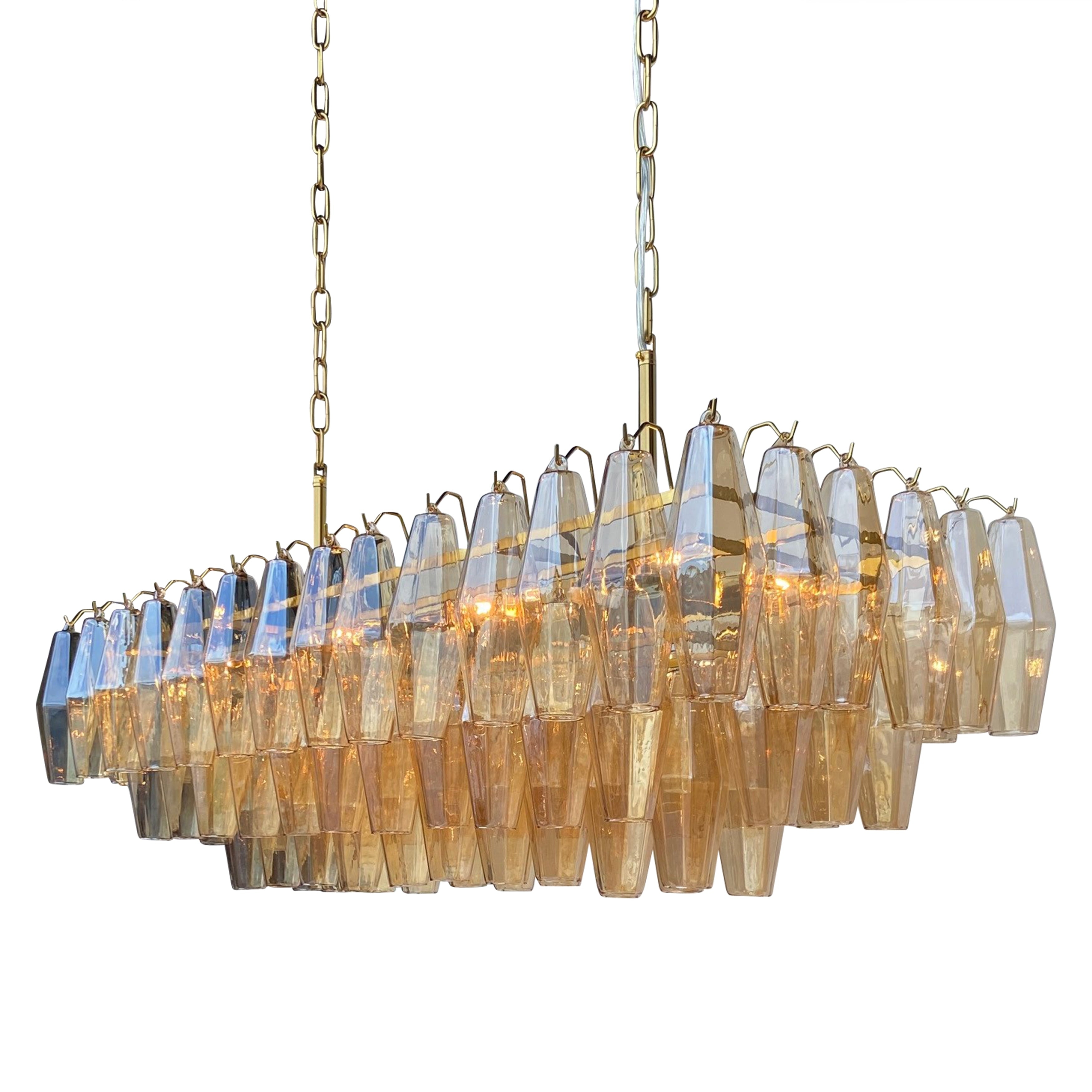 Chari　Amatera Ciara 8 Light Rectangular Linear Amber Glass Chandelier. - Brass