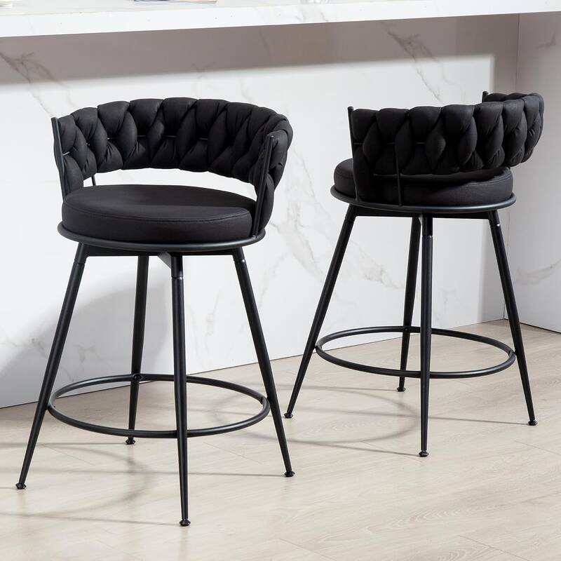 XINMICS 360° Swivel Bar Stools, 24 Inches Modern Counter Height Bar Stools with Woven Back, Upholstered Suede Tall Barstools - Set of 2 - Black - Counter Height
