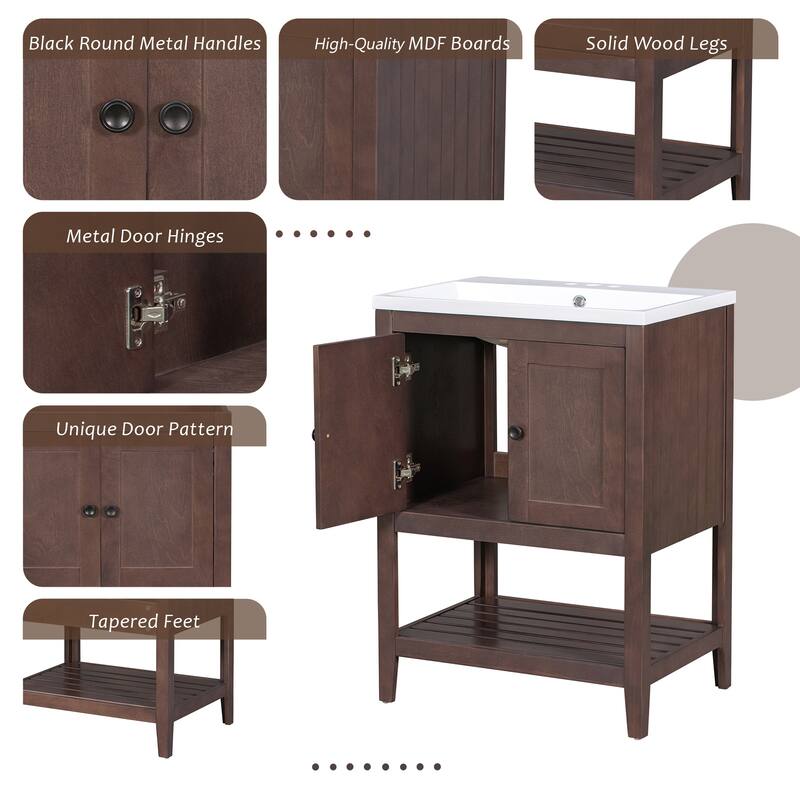 24" Bathroom Vanity with Ceramic Sink, Solid Wood Frame & Open Shelf, Freestanding Modern Cabinet