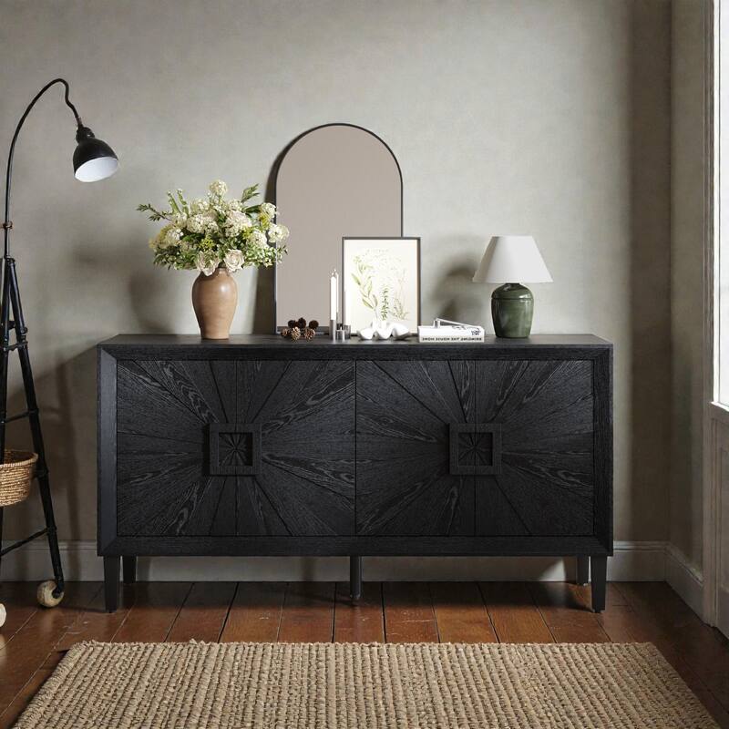 60'' Rustic American Farmhouse Credenza with Sunburst Doors, Antique Wood TV Stand with Adjustable Shelves - Black
