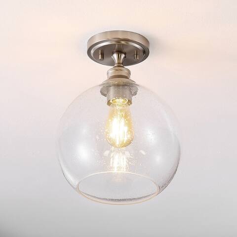 Orly 9.75" 1-Light Bohemian Farmhouse Iron/Seeded Glass LED Semi Flush Mount, Nickel/Clear by JONATHAN Y