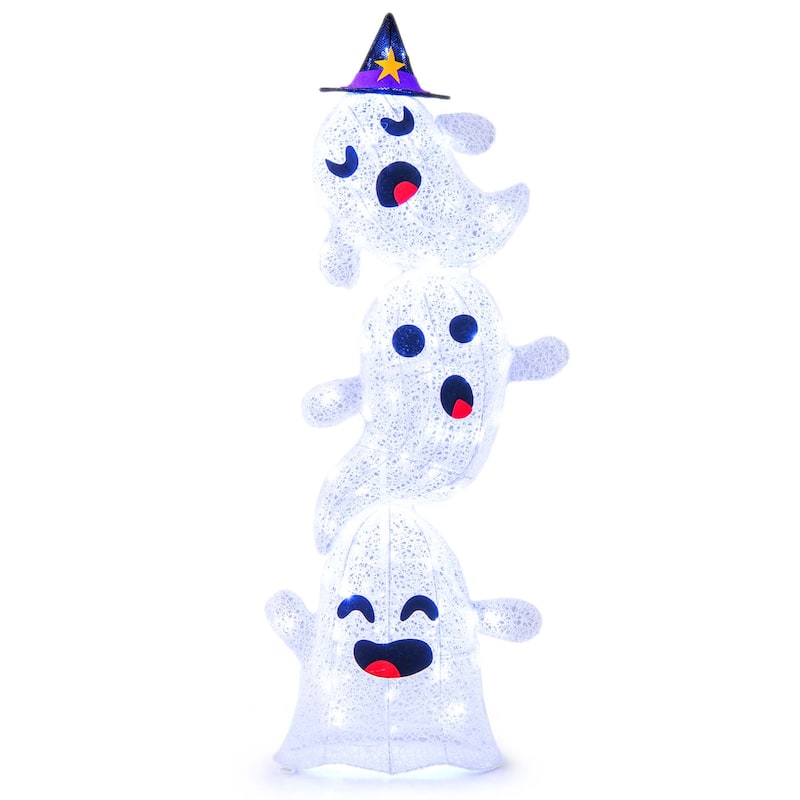 Costway 4 FT Lighted Stacked Ghosts Standing Halloween Decoration with - See Details - White