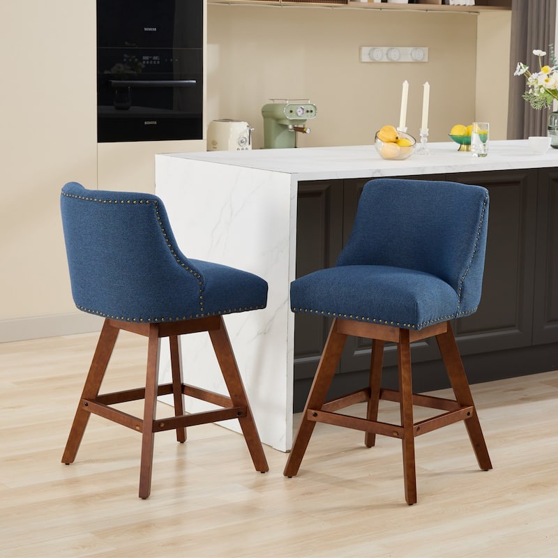 Counter Height Bar Stools Set of 2, Swivel Bar Stools with Curved Back, Upholstered Dining Chairs with Solid Wood Legs - Blue