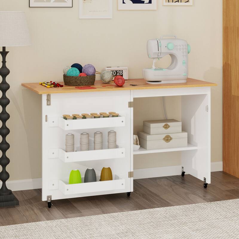 Moasis Folding Sewing Craft Table with Storage Shelves Cabinet With Charge Station