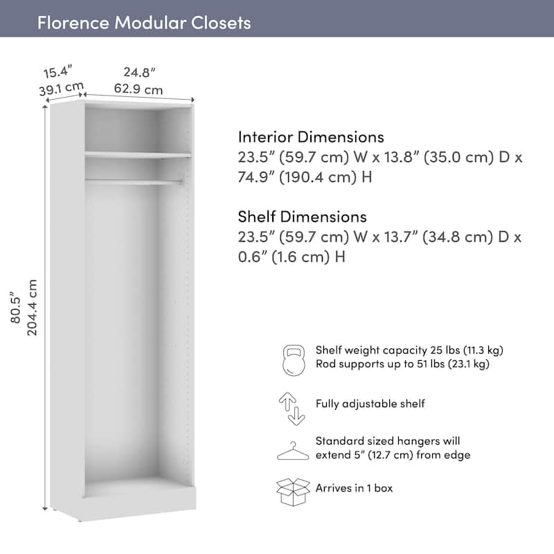 Bestar Florence 25W x 16D Hanging Closet System Tower with Shelf