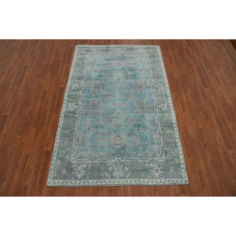 Hand-knotted Transitional Silk Carpet Blue Oushak Rug Floral Oriental Area Rug - 8' 0'' X 5' 0''